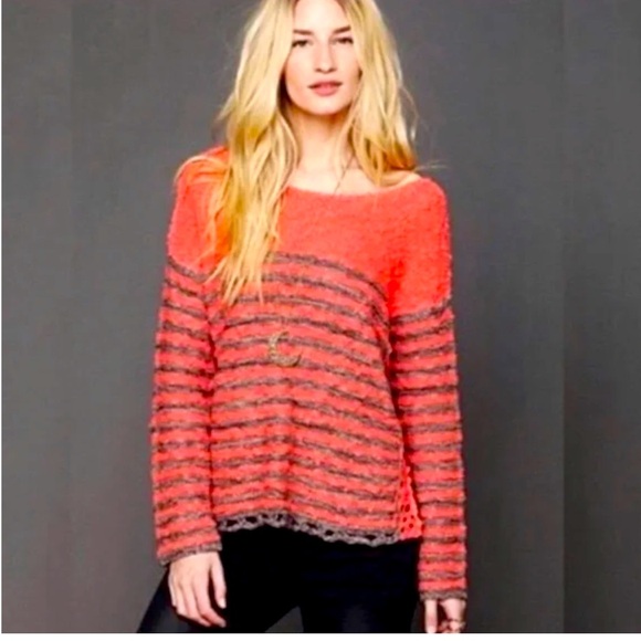 Free People Oversized Open Knit Sweater Stripe Weave Crochet Boho Scallop parka - Picture 1 of 9